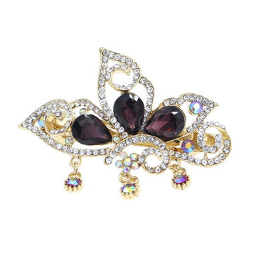 Butterfly Rhinestone Hair Barrette with Drops Purple